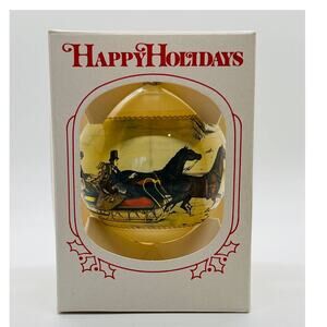 VTG Currier & Ives Sleigh Race Glass Ornament In Box Happy Holidays Collection